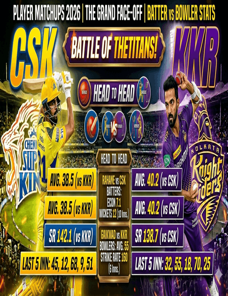 CSK vs KKR Player Matchups 2026 | Bowler vs Batter Stats